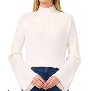 CeCe Women's Embroidered Mock Neck Sweater in Antique White